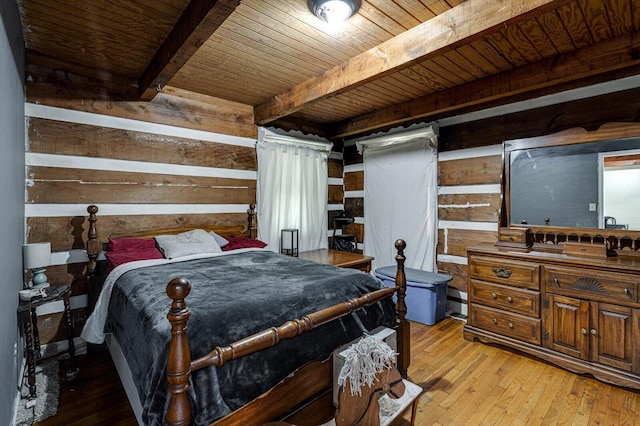241 Bryant Ln, Tracy City, TN 37387 - bedroom featuring wooden ceiling, beam ceiling, wood walls, and light wood-type flooring