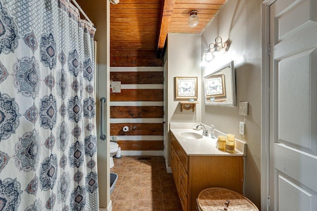 241 Bryant Ln, Tracy City, TN 37387 - full bathroom featuring wooden ceiling, toilet, tile patterned floors, vanity, and a shower with curtain