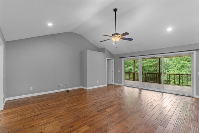 125 Robbie Dr, Whitwell, TN 37397 - unfurnished living room featuring a ceiling fan, lofted ceiling, wood finished floors, baseboards, and recessed lighting