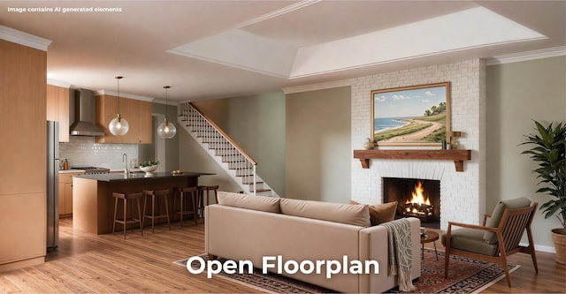 4850 Amethyst Rd Unit 904, Chattanooga, TN 37419 - living room featuring light wood-style floors, a raised ceiling, a brick fireplace, crown molding, and stairs