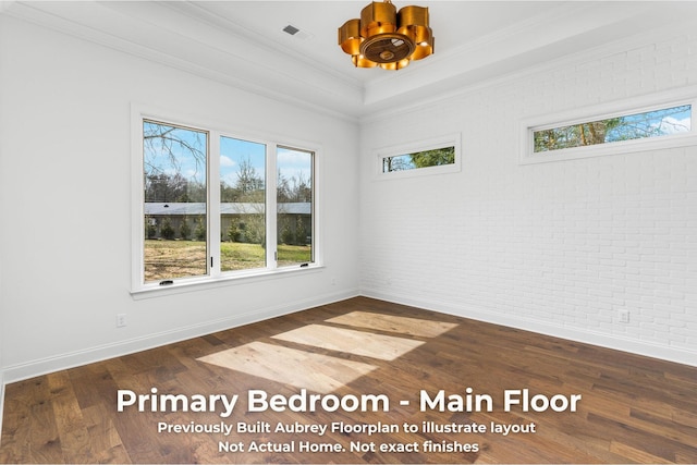 4850 Amethyst Rd Unit 904, Chattanooga, TN 37419 - spare room featuring brick wall, ornamental molding, healthy amount of natural light, a chandelier, and wood finished floors