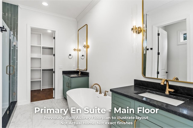 4850 Amethyst Rd Unit 904, Chattanooga, TN 37419 - bathroom featuring marble look tile flooring, ornamental molding, a freestanding bath, a stall shower, and two vanities