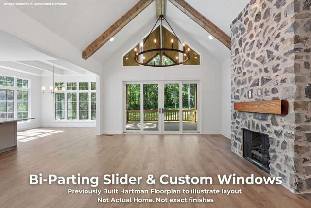 3070 Galena Cir Unit 830, Chattanooga, TN 37419 - unfurnished living room with a chandelier, beam ceiling, a fireplace, high vaulted ceiling, and wood finished floors