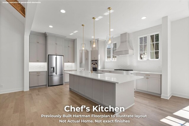 3070 Galena Cir Unit 830, Chattanooga, TN 37419 - kitchen with stainless steel appliances, custom range hood, gray cabinets, a sink, and recessed lighting