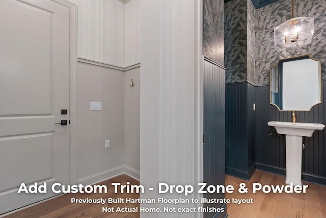 3070 Galena Cir Unit 830, Chattanooga, TN 37419 - bathroom featuring wallpapered walls, wainscoting, wood finished floors, and baseboards