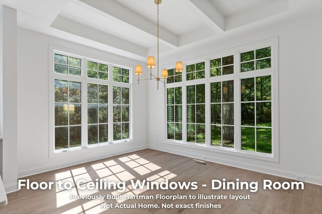 3070 Galena Cir Unit 830, Chattanooga, TN 37419 - unfurnished dining area featuring a chandelier, wood finished floors, baseboards, and beamed ceiling