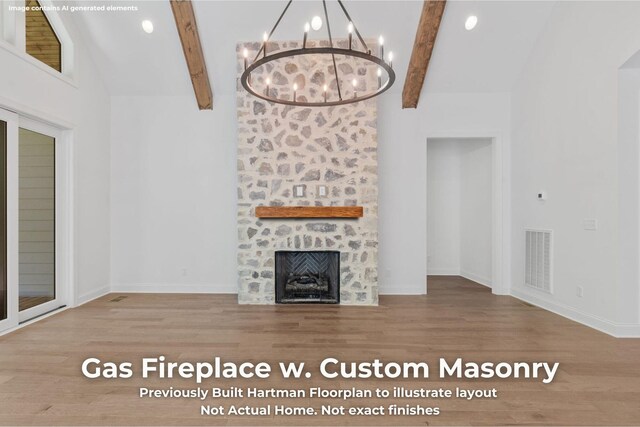 3070 Galena Cir Unit 830, Chattanooga, TN 37419 - unfurnished living room featuring a chandelier, beam ceiling, wood finished floors, high vaulted ceiling, and a fireplace