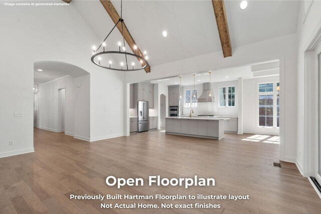 3070 Galena Cir Unit 830, Chattanooga, TN 37419 - unfurnished living room featuring high vaulted ceiling, beamed ceiling, arched walkways, a chandelier, and light wood finished floors