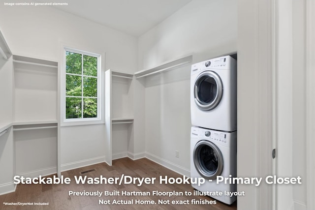 3070 Galena Cir Unit 830, Chattanooga, TN 37419 - laundry area with stacked washer and clothes dryer, wood finished floors, and baseboards