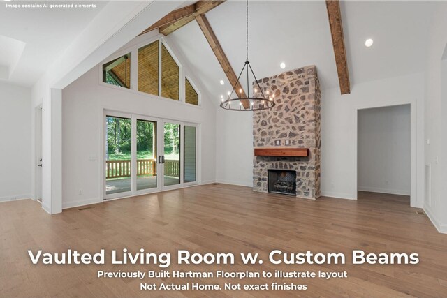 3070 Galena Cir Unit 830, Chattanooga, TN 37419 - unfurnished living room with a chandelier, high vaulted ceiling, beam ceiling, wood finished floors, and baseboards