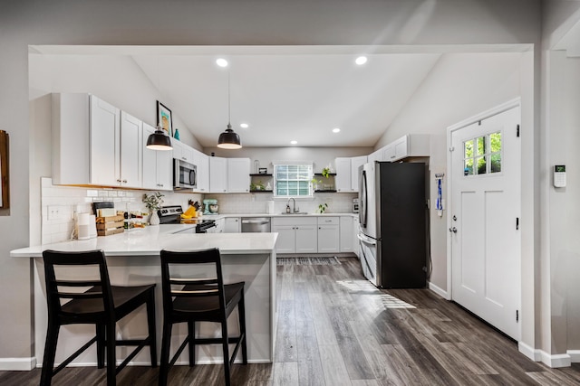 818 Dunlap Ave, Chattanooga, TN 37412 - kitchen with stainless steel appliances, lofted ceiling, a sink, open shelves, and a peninsula
