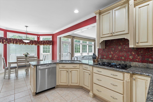 kitchen featuring stainless steel dishwasher, a sink, cream cabinets, black gas cooktop, and light tile patterned floors