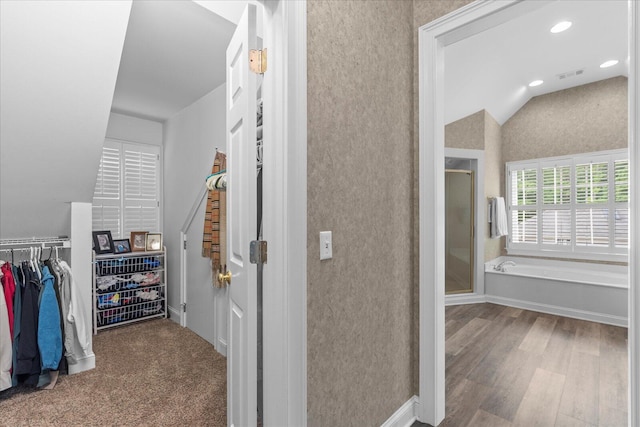 walk in closet featuring lofted ceiling and wood finished floors