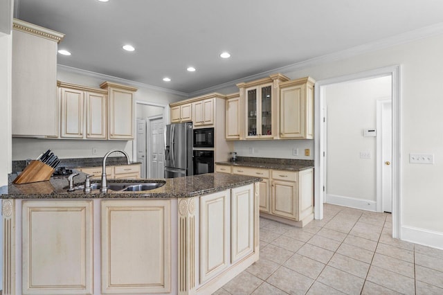 353 Golf View Dr, Cohutta, GA 30710 - kitchen with black appliances, cream cabinets, crown molding, a sink, and a peninsula