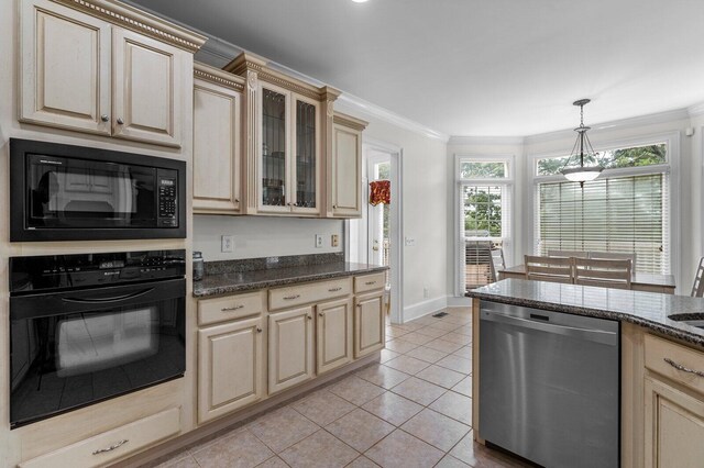 353 Golf View Dr, Cohutta, GA 30710 - kitchen with black appliances, cream cabinetry, light tile patterned floors, ornamental molding, and glass insert cabinets