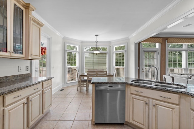 353 Golf View Dr, Cohutta, GA 30710 - kitchen featuring stainless steel dishwasher, a sink, crown molding, light tile patterned floors, and glass insert cabinets