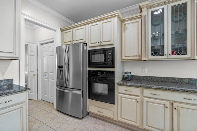 353 Golf View Dr, Cohutta, GA 30710 - kitchen featuring black appliances, ornamental molding, cream cabinets, light tile patterned flooring, and glass insert cabinets