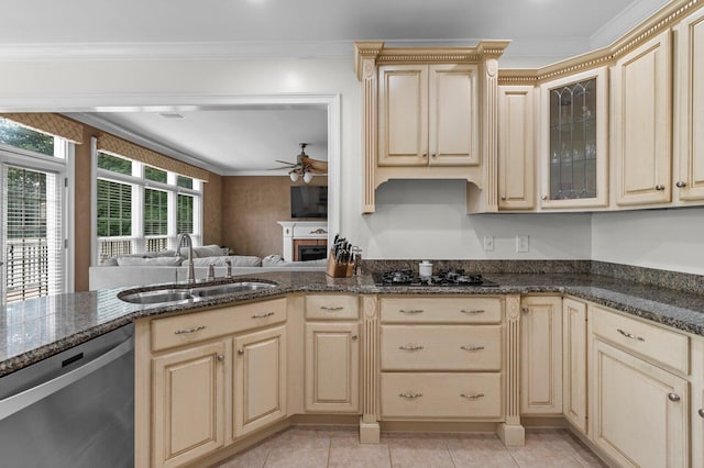 353 Golf View Dr, Cohutta, GA 30710 - kitchen featuring stainless steel dishwasher, cream cabinets, a sink, ceiling fan, and ornamental molding