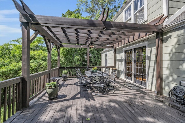 122 Hilltop Dr, Chattanooga, TN 37411 - wooden terrace with outdoor dining space, a pergola, and a ceiling fan
