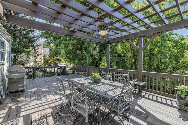 122 Hilltop Dr, Chattanooga, TN 37411 - wooden deck with a pergola, outdoor dining space, ceiling fan, and area for grilling