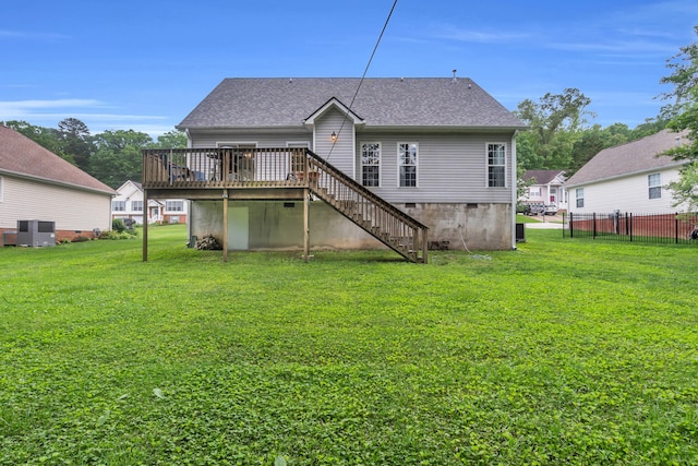 8369 Shadetree Ln, Ooltewah, TN 37363 - rear view of house featuring stairway, a deck, a shingled roof, crawl space, and central AC unit