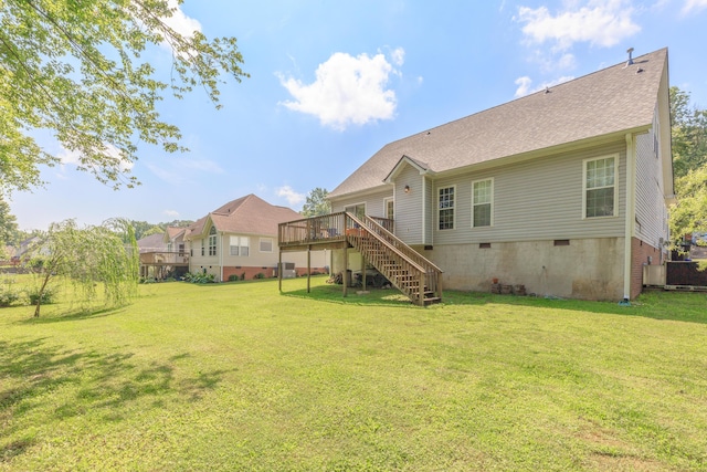 8369 Shadetree Ln, Ooltewah, TN 37363 - rear view of property with crawl space, stairway, a deck, and a lawn