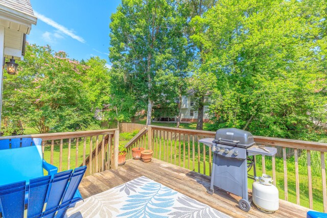 8369 Shadetree Ln, Ooltewah, TN 37363 - wooden terrace with area for grilling, a lawn, and view of scattered trees