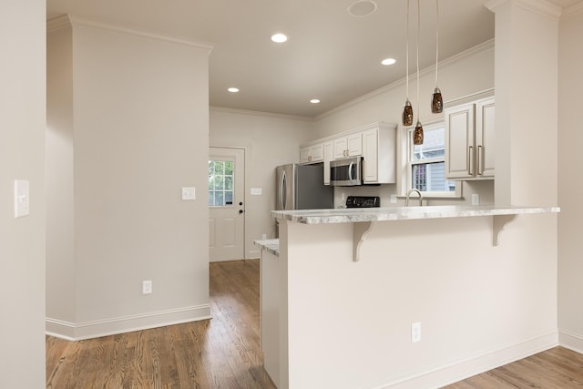 1704 Williams St, Chattanooga, TN 37408 - kitchen featuring appliances with stainless steel finishes, a kitchen breakfast bar, a peninsula, light wood-style floors, and recessed lighting