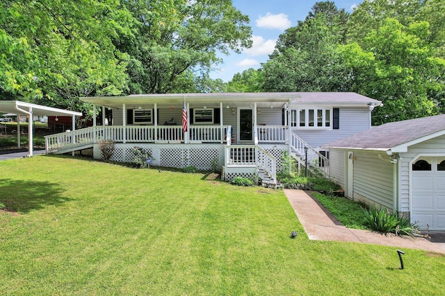view of front of house with a porch, a front yard, and stairway