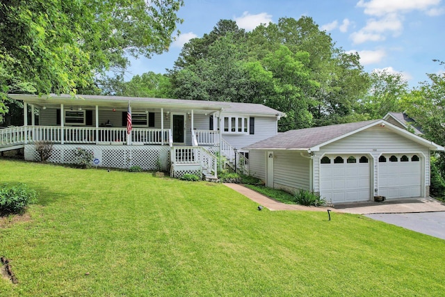 view of front of property with a porch, a front yard, driveway, and a shingled roof