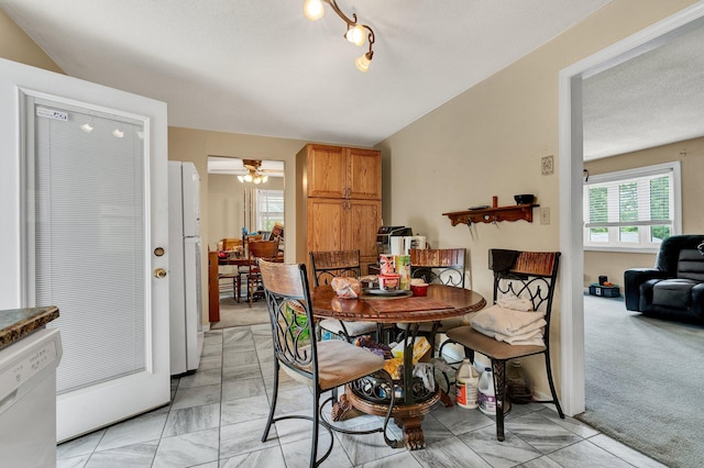 dining area with plenty of natural light, light carpet, track lighting, and a ceiling fan