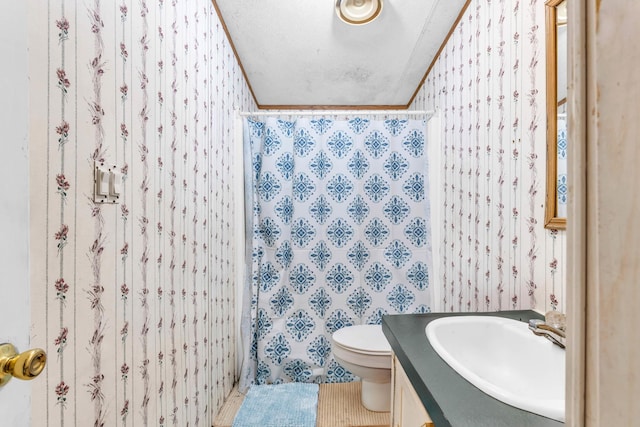 3250 Rolling Meadows Rd NW, Dalton, GA 30721 - full bath with a shower with curtain, wallpapered walls, toilet, vanity, and tile patterned flooring