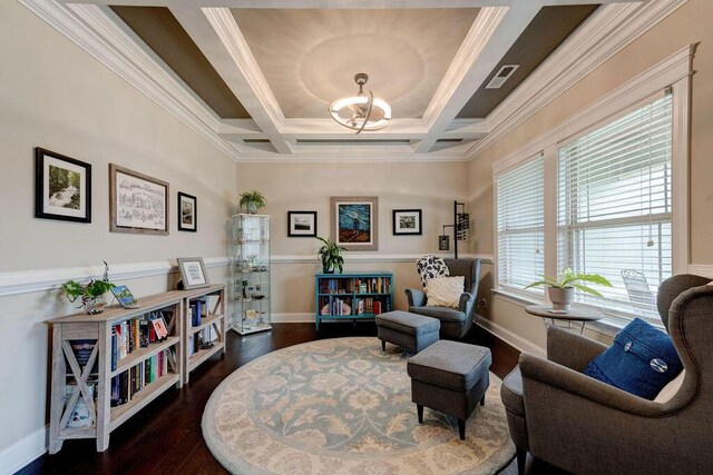 536 Live Oak Rd, Ringgold, GA 30736 - sitting room with a chandelier, dark wood-style flooring, crown molding, coffered ceiling, and baseboards