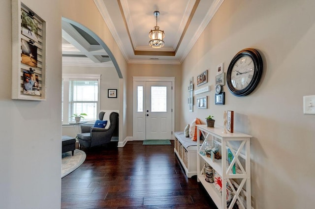 536 Live Oak Rd, Ringgold, GA 30736 - entryway featuring crown molding, arched walkways, a chandelier, dark wood-type flooring, and beamed ceiling