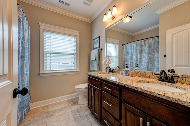 536 Live Oak Rd, Ringgold, GA 30736 - bathroom featuring baseboards, toilet, ornamental molding, and double vanity
