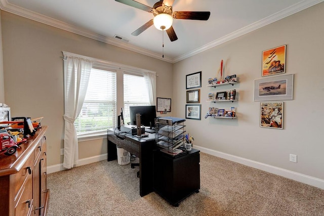 536 Live Oak Rd, Ringgold, GA 30736 - office space featuring ceiling fan, light colored carpet, ornamental molding, and baseboards