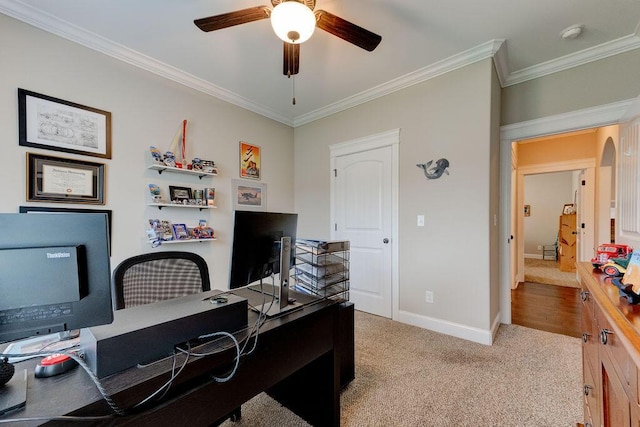 536 Live Oak Rd, Ringgold, GA 30736 - home office featuring ceiling fan, ornamental molding, baseboards, and carpet floors