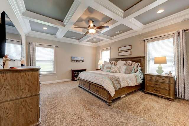 536 Live Oak Rd, Ringgold, GA 30736 - bedroom featuring light colored carpet, beam ceiling, coffered ceiling, baseboards, and crown molding