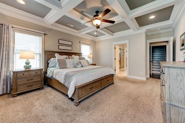 536 Live Oak Rd, Ringgold, GA 30736 - bedroom featuring light carpet, beam ceiling, coffered ceiling, ornamental molding, and baseboards