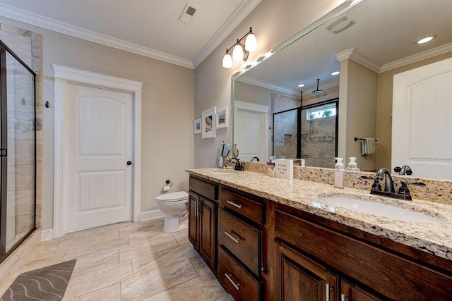 536 Live Oak Rd, Ringgold, GA 30736 - bathroom with a shower stall, double vanity, toilet, ornamental molding, and baseboards