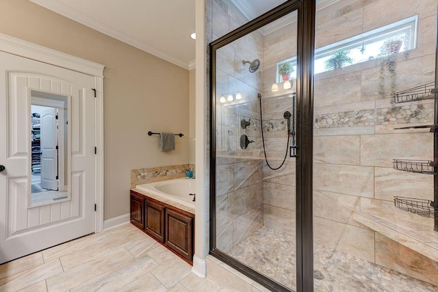 536 Live Oak Rd, Ringgold, GA 30736 - bathroom with a garden tub, a shower stall, ornamental molding, and baseboards