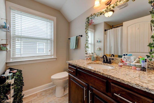 536 Live Oak Rd, Ringgold, GA 30736 - bathroom with baseboards, tile patterned floors, toilet, lofted ceiling, and vanity