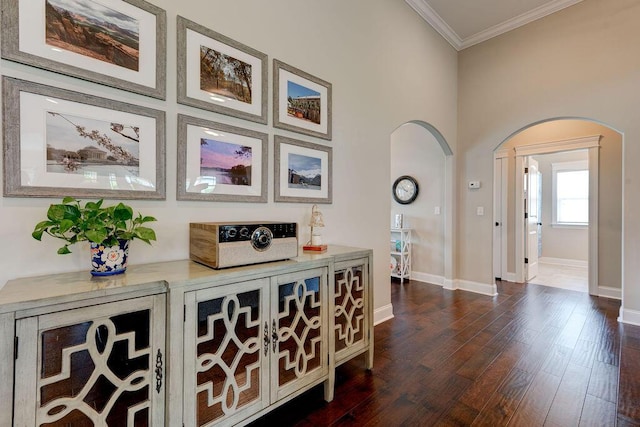 536 Live Oak Rd, Ringgold, GA 30736 - corridor with arched walkways, crown molding, dark wood-style flooring, and baseboards