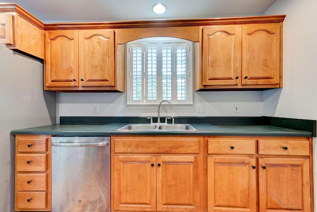 5040 Dellwood Dr, Rossville, GA 30741 - kitchen featuring stainless steel dishwasher, a sink, dark countertops, and brown cabinetry