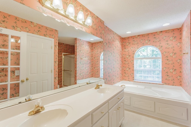 full bath with wallpapered walls, a bath, a shower stall, tile patterned floors, and double vanity