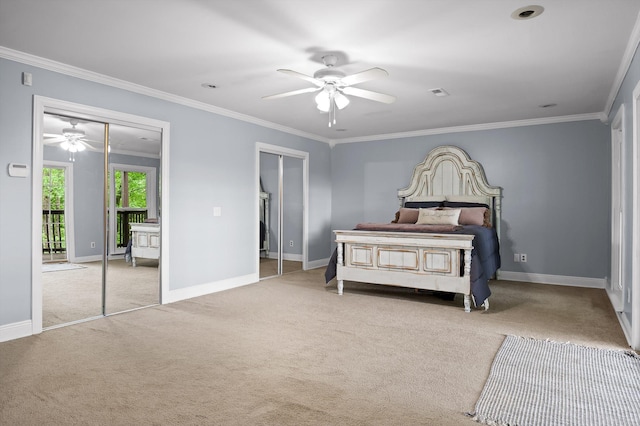 15033 Log Cabin Ln, Soddy Daisy, TN 37379 - bedroom with multiple closets, carpet floors, crown molding, baseboards, and a ceiling fan