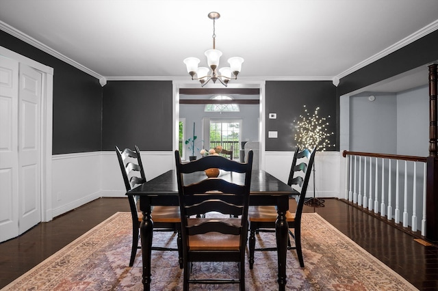 15033 Log Cabin Ln, Soddy Daisy, TN 37379 - dining room featuring a chandelier, a wainscoted wall, crown molding, and dark wood-style floors