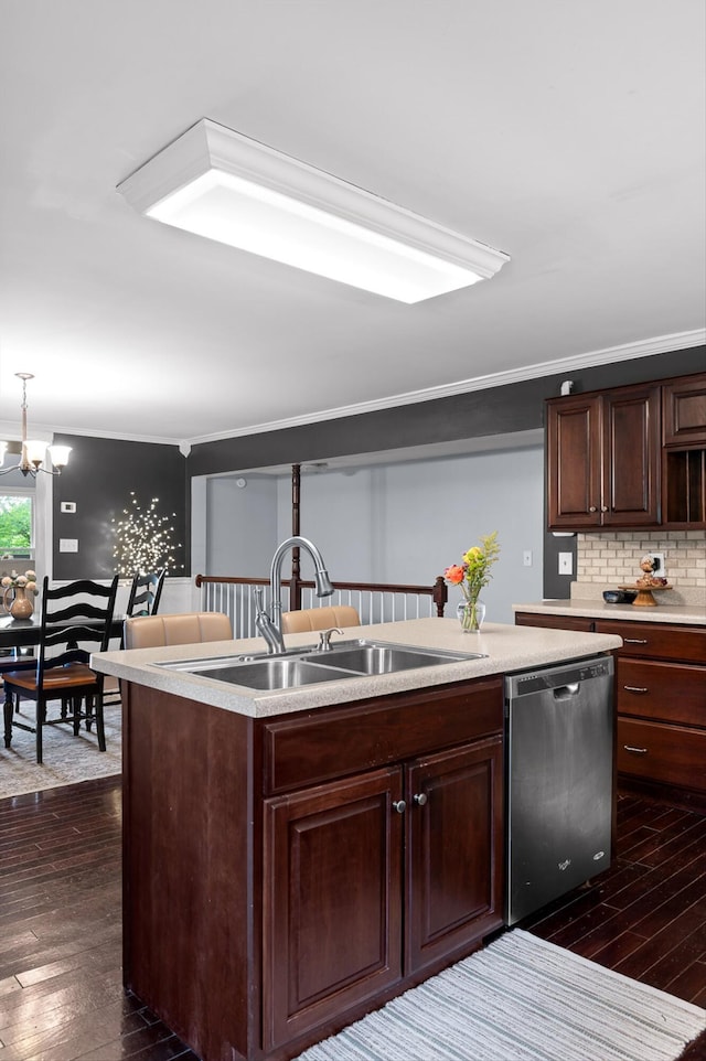 15033 Log Cabin Ln, Soddy Daisy, TN 37379 - kitchen with dishwasher, a sink, dark wood-style floors, light countertops, and a chandelier
