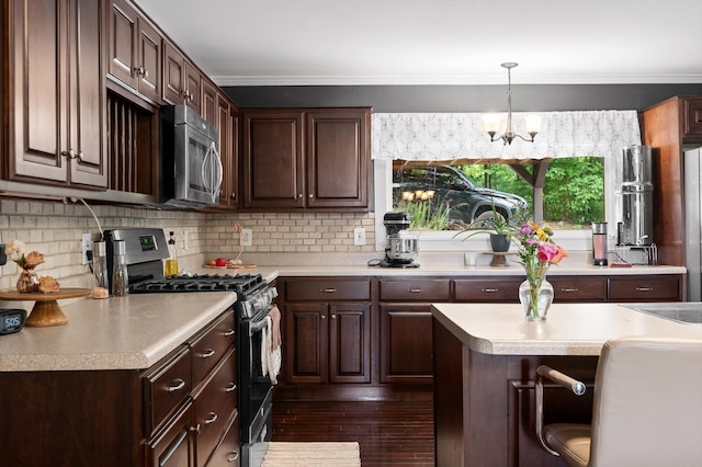 15033 Log Cabin Ln, Soddy Daisy, TN 37379 - kitchen with appliances with stainless steel finishes, light countertops, dark brown cabinets, backsplash, and crown molding