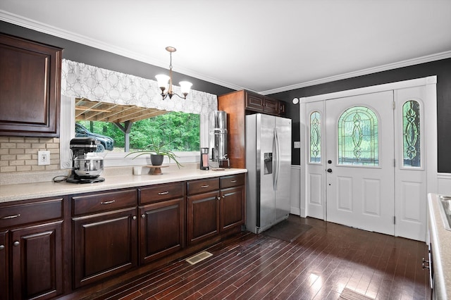 15033 Log Cabin Ln, Soddy Daisy, TN 37379 - kitchen featuring stainless steel fridge, a chandelier, light countertops, dark brown cabinets, and dark wood finished floors
